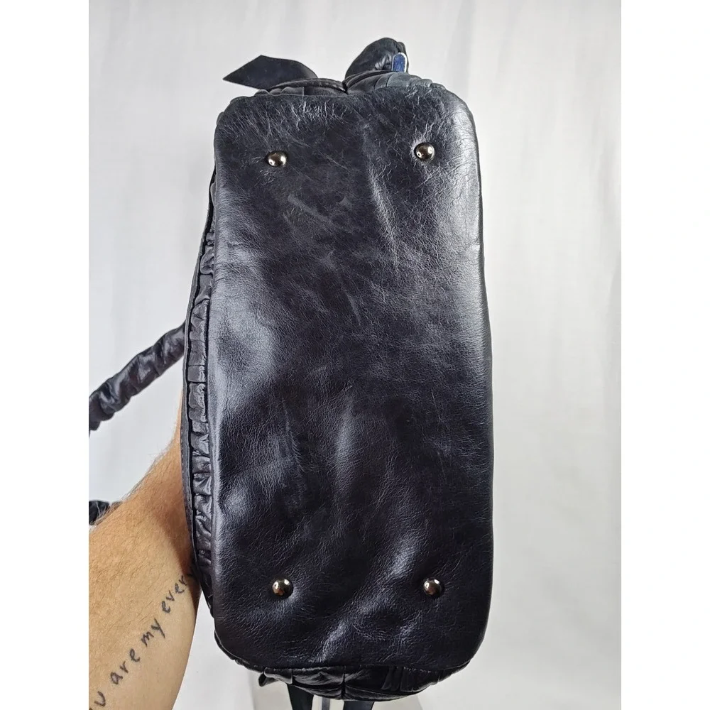 bebe Jagger Black Cowhide Leather Ruched Bow Satchel Shoulder Bag Purse NWT